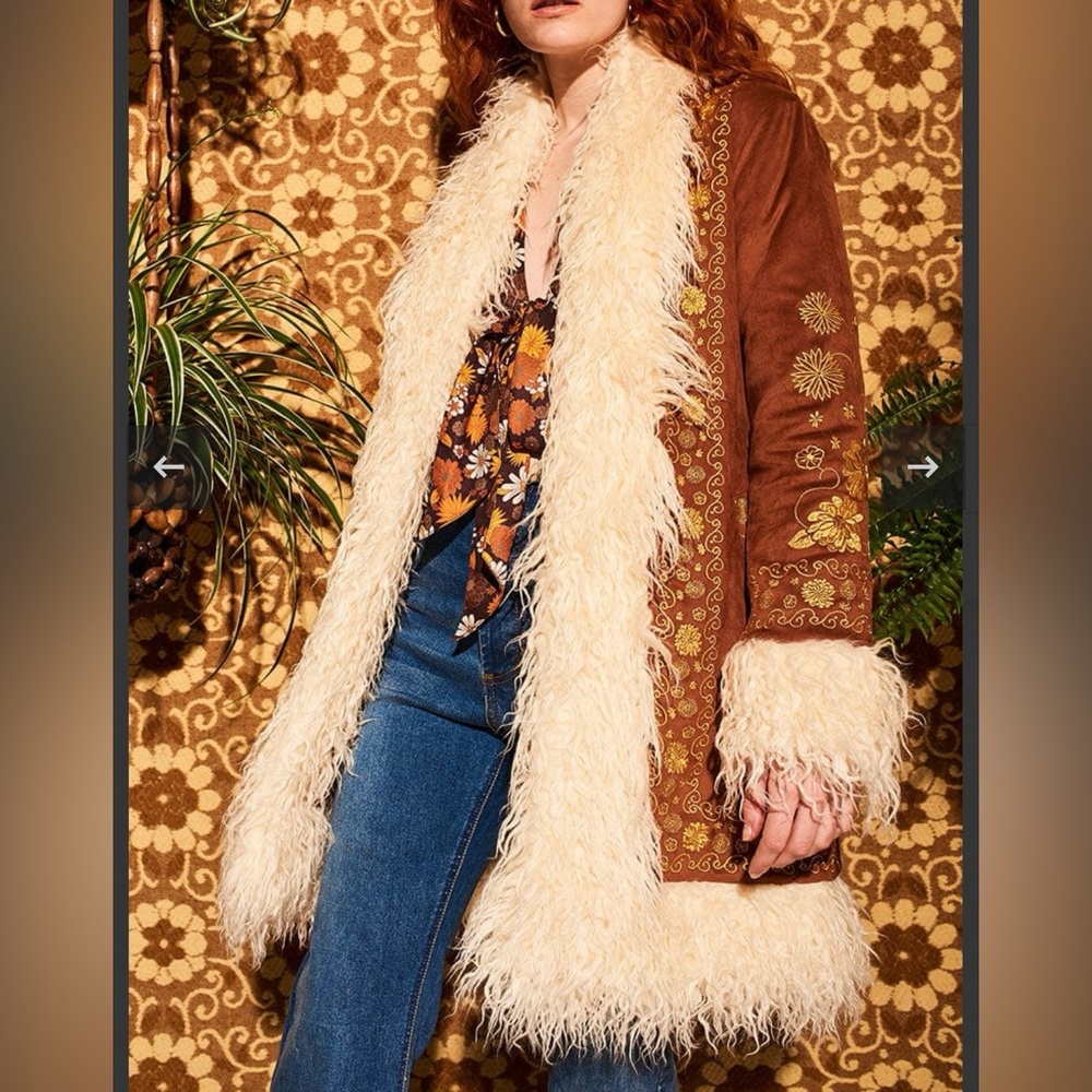 ISO Hippie Shake Breaking Hearts Brown Embroidered Penny Lane Coat sz 14 or 16